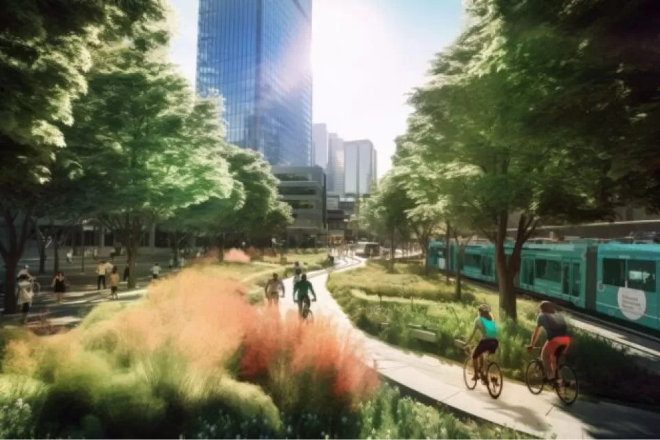 AI generated image of a greenway and transit corridor.